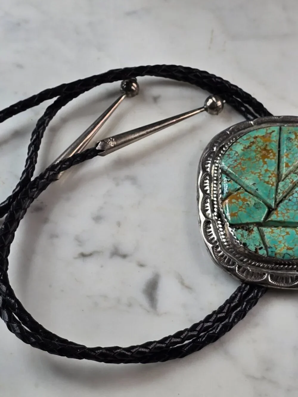 Southwestern Native American Sterling Silver Turquoise Bolo Tie E638